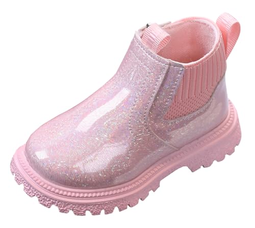 Maeau Herbst Stiefel Kinder Mädchen Lederstiefel Jungen Boots Wasserdicht Kleinkind Lackstiefel 22 Rosa Kurze Stiefel mit Reißverschluss Rutschfeste Stiefeletten Glitzer Schuhe Pailletten Glänzend von Maeau