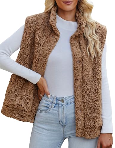 Maeau Herbstweste Damen Ärmellose Kunstfell Plüschjacke Stehkragen Knöpfe Fleeceweste Warm Schwarz Damenweste Winter Sherpa Weste Teddy Casual Übergangsweste 2XL von Maeau