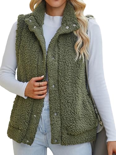 Maeau Herbstweste Damen Ärmellose Kunstfell Plüschjacke Stehkragen Knöpfe Fleeceweste Warm Schwarz Damenweste Winter Sherpa Weste Teddy Casual Übergangsweste 2XL von Maeau