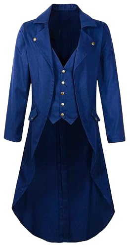 Maeau Herren Vintage Frack Mittelalter Smoking Renaissance Mantel Steampunk Gothic Jacke Retro Viktorianische Jacke Punk Mantel Weich Atmungsaktiv Piraten Party Outfits, blau, XL von Maeau