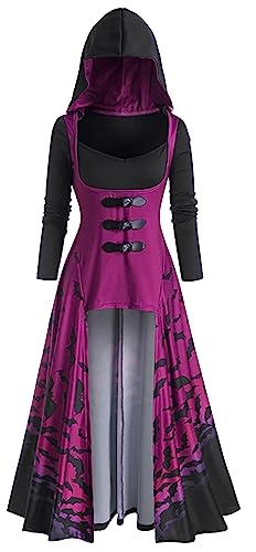 Maeau Hexenkleid Damen Mittelalter Kleid Renaissance Schwarz Maxikleider Gothic Halloween Kleid Damen Steampunk Vintage Korsagekleid Schnüren Langarm Robe mit Kapuze M von Maeau