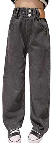 Maeau Jeans Mädchen 10-11 Jahre Mit Weitem Bein, Baggy Denim Hose Für Teenager, Gerades Bein Loose Fit, Elastischer Bund Freizeithose Lange Schwarz von Maeau