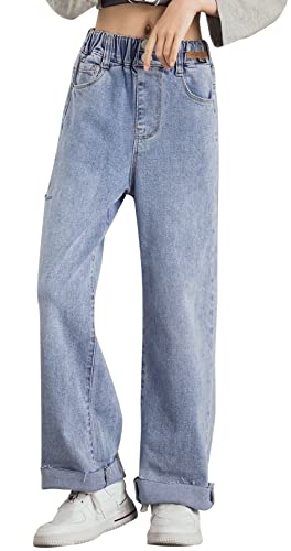 Maeau Jeans Mädchen 10 11 Jahre Jeans mit Weitem Bein Jeanshose Kinder Mädchen Baggy Jeans Teenager Mädchen Denim Hose Gerades Bein Loose Fit Jeans Elastischer Bund Freizeithose Jeans Lange Hellblau von Maeau