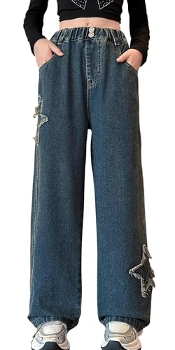 Maeau Jeans Mädchen 10 11 Jahre Jeans mit Weitem Bein Jeanshose Kinder Mädchen Baggy Jeans Teenager Mädchen Denim Hose Gerades Bein Loose Fit Jeans Elastischer Bund Freizeithose Jeans Lange Dunkelblau von Maeau