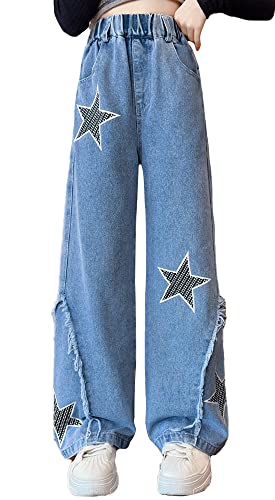 Maeau Jeans Mädchen 10 11 Jahre Jeans mit Weitem Bein Jeanshose Kinder Mädchen Baggy Jeans Teenager Mädchen Denim Hose Gerades Bein Loose Fit Jeans Elastischer Bund Freizeithose Jeans Lange Blau von Maeau