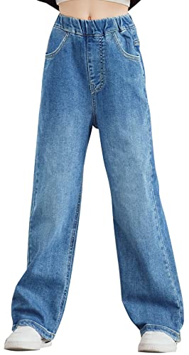 Maeau Jeans Mädchen 10 11 Jahre Jeans mit Weitem Bein Jeanshose Kinder Mädchen Baggy Jeans Teenager Mädchen Denim Hose Gerades Bein Loose Fit Jeans Elastischer Bund Jean Hosen Lange Blau von Maeau