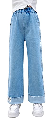 Maeau Jeans Mädchen 10 11 Jahre Jeans mit Weitem Bein Jeanshose Kinder Mädchen Baggy Jeans Teenager Mädchen Denim Hose Gerades Bein Loose Fit Jeans Elastischer Bund Jean Hosen Lange Hellblau von Maeau