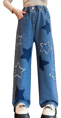 Maeau Jeans Mädchen 11 12 Jahre Jeans mit Weitem Bein Jeanshose Kinder Mädchen Baggy Jeans Teenager Mädchen Denim Hose Gerades Bein Loose Fit Jeans Elastischer Bund Freizeithose Jeans Lange Blau 160 von Maeau
