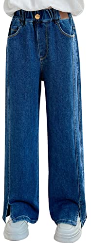 Maeau Jeans Mädchen 13 14 15 Jahre Jeans mit Weitem Bein Jeanshose Kinder Mädchen Baggy Jeans Teenager Mädchen Denim Hose Gerades Bein Loose Fit Jeans Elastischer Bund Freizeithose Jean Lange Blau von Maeau