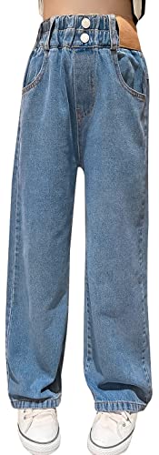 Maeau Jeans für Mädchen 13-15 Jahre - Weites Bein, Baggy Stil, Denim Hose mit Geradem Bein, Loose Fit, Elastischer Bund, Freizeithose, Lange Blau von Maeau