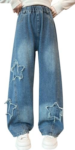 Maeau Jeans Mädchen 13 14 Jahre Jeans mit Weitem Bein Jeanshose Kinder Mädchen Baggy Jeans Teenager Mädchen Denim Hose Gerades Bein Loose Fit Jeans Elastischer Bund Freizeithose Jeans Lange HellBlau von Maeau