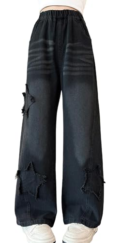 Maeau Jeans Mädchen 5 6 Jahre Jeans mit Weitem Bein Jeanshose Kinder Mädchen Baggy Jeans Teenager Mädchen Denim Hose Gerades Bein Loose Fit Jeans Elastischer Bund Freizeithose Jeans Lange Schawarz 120 von Maeau