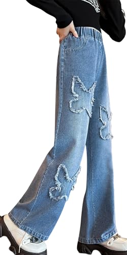 Maeau Jeans Mädchen 6-7 Jahre Mit Weitem Bein, Baggy Denim Hose Für Teenager, Gerades Bein Loose Fit, Elastischer Bund Freizeithose Lange Blau von Maeau