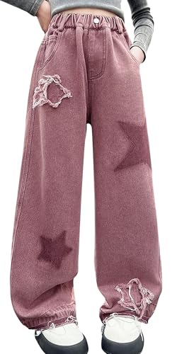 Maeau Jeans Mädchen 7 8 Jahre Jeans mit Weitem Bein Jeanshose Kinder Mädchen Baggy Jeans Teenager Mädchen Denim Hose Gerades Bein Loose Fit Jeans Elastischer Bund Freizeithose Jeans Lange Rostrot 130 von Maeau