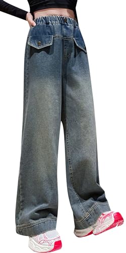 Maeau Jeans für Mädchen 8-9 Jahre - Weites Bein, Baggy Denim Hose, Gerades Bein, Loose Fit, Elastischer Bund, Freizeithose, Lange Blau 140 von Maeau