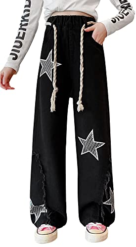 Maeau Jeans Mädchen 8-9 Jahre Mit Weitem Bein, Baggy Denim Hose Für Teenager, Gerades Bein Loose Fit, Elastischer Bund Freizeithose Lange Schwarz von Maeau
