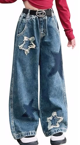 Maeau Jeans Mädchen 8 9 Jahre Jeans mit Weitem Bein Jeanshose Teenager Mädchen Baggy Jeans Kinder Mädchen Denim Hose Gerades Bein Loose Fit Jeans Elastischer Bund Freizeithose Jeans Lange Blau 140 von Maeau