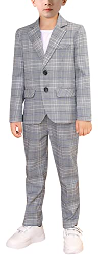 Maeau Jungen Hochzeit Anzug 2-Teiliges Festival Anzüge Set Kinder Gentleman Blazer Sakkos Karierter Einreihig Smoking Kleinkind Khaki Anzüge Elastische Taille Anzughose Stretch Hosen 120 5-6J von Maeau