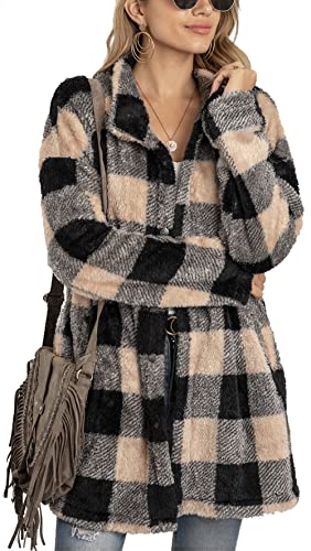 Maeau - Kariert Fleece Mantel Frauen Shacket Jacke Fleece Plaid Shirts Muster Lange Strickjacke Damen Casual Kariert Jacke Plüsch Warm Lose Bluse mit Tasche für Herbst Winter, khaki, L von Maeau