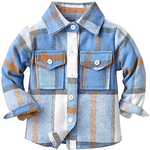 Maeau Karierte Hemd Jungen Stehtkragen Langarm Karohemd Jungen Plaid Jacke Button-Down Blau Kindermantel Schottenkaro Kinder Bluse für Frühling und Herbst 110 von Maeau