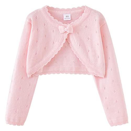 Maeau Kinder Bolero Mädchen Festlich Rosa 90 3 4 Jahre Strickjacke Langarm für Kleid Baumwoll Jäckchen Kommunion Hochzeit Jacke Lange Ärmel Kurz Cardigan Gestrickt Basic Bolero Rundhals mit Knöpfen von Maeau