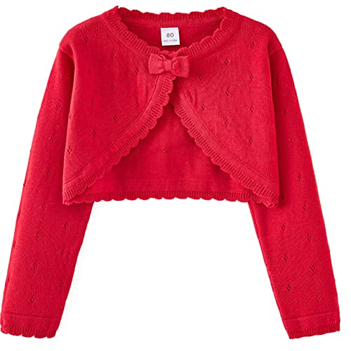 Maeau Kinder Bolero Mädchen Festlich Rot 140 10 12 Jahre Strickjacke Langarm für Kleid Baumwoll Jäckchen Kommunion Hochzeit Jacke Lange Ärmel Kurz Cardigan Gestrickt Basic Bolero Rundhals mit Knöpfen von Maeau