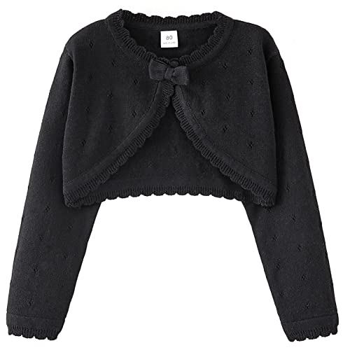 Maeau Kinder Bolero Mädchen Festlich Schwarz 90 3 4 Jahre Strickjacke Langarm für Kleid Baumwoll Jäckchen Kommunion Hochzeit Jacke Lange Ärmel Kurz Cardigan Gestrickt Basic Bolero Rundhals mit Knöpfen von Maeau