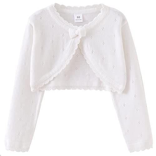 Maeau Kinder Bolero Mädchen Festlich Weiß 90 3 4 Jahre Strickjacke Langarm für Kleid Baumwoll Jäckchen Kommunion Hochzeit Jacke Lange Ärmel Kurz Cardigan Gestrickt Basic Bolero Rundhals mit Knöpfen von Maeau