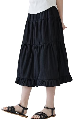 Maeau Kinder Freizeitrock Luftig Sommer Mädchen Langer Rock Volant Lang Teenager Lange Röcke Bohemian Midi 7 8 Jahre Rock Hohe Elastische Taille Chiffon Midirock Rüschen A Linie Maxirock Boho Schwarz von Maeau