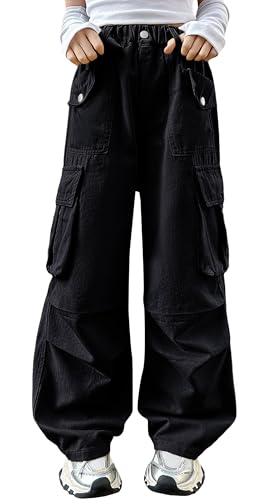 Maeau Kinder Mädchen Cargo Hose mit Weitem Bein Mehreren Taschen Hosen Baumwolle Baggy Cargohose Elastischer Bund Teenager 7 8 Jahre Hose Gerades Bein Loose Fit Sommer Freizeithose Schwarz Frühling von Maeau