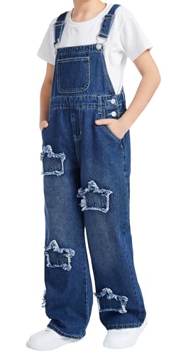 Maeau Kinder Mädchen Jeans Denim Jeans-Latzhosen Jumpsuit mit Weitem Bein Jeanshosen Mädchen 11 12 Jahre Overall Baggy Jumpsuits Jeanshose Zerrissene Strampler Latzhose Sommer Ohne Ärmel Dunkelblau von Maeau