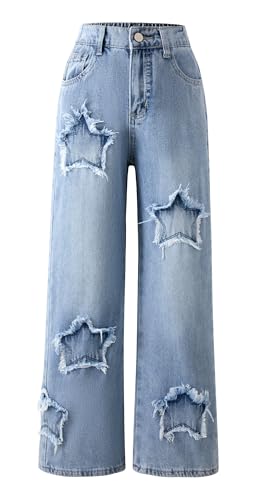 Maeau Kinder Mädchen Jeans mit Weitem Bein 13 14 Jahre Jeanshose Baggy Jeans Teenager Denim Hose Gerades Bein Loose Fit Jean Elastischer Bund Freizeithose Lange Blau von Maeau