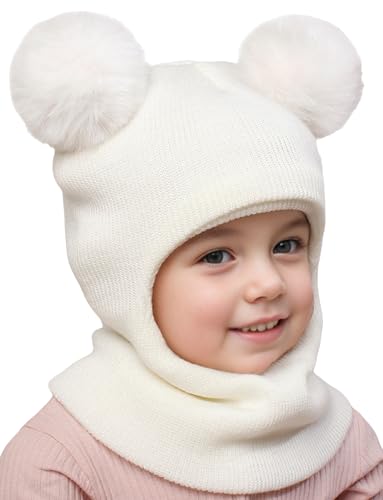 Maeau Kinder Mädchen Mütze Winter Beanie Baby Wintermütze Warme mit Ohren Jungen Schlupfmütze Gestrickt mit 2 Bommel Kleinkind Sturmhaube und Loop Schal Set Fahrrad Schalmütze Strickmütze Herbst Weiß von Maeau