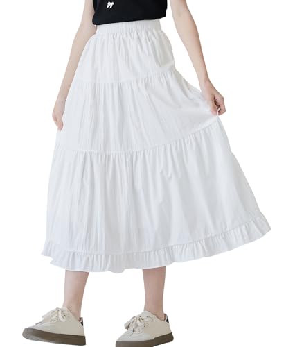 Maeau Kinder Sommerrock Elegant Sommer Mädchen Midirock Leicht Lang Teenager Maxirock Plissee Midi 11 12 Jahre Freizeitrock Luftig Chiffon 150 Langer Rock Volant A Linie Lange Röcke Bohemian Maxi Weiß von Maeau