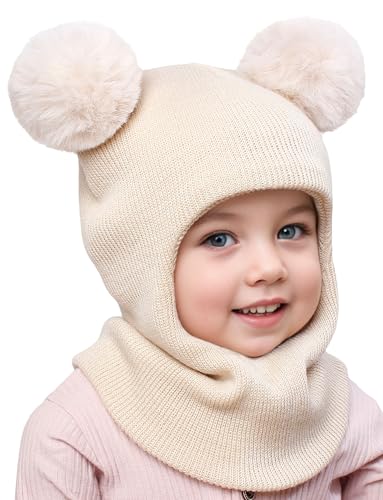 Maeau Kleinkind Sturmhaube Winter Fahrrad Mädchen Schalmütze Warme Herbst für Baby Jungen Mütze Gestrickt Niedlich Kinder Wintermütze und Loop Schal Set Beanie Schlupfmütze Strickmütze mit Ohren Beige von Maeau