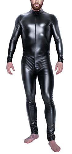 Maeau Kunstleder Body Herren Glänzender Catsuit Einteiler Front Zipper Leotard Playsuit Jumpsuit Clubwear Kostüm Wetlook Lederhose Kunsthose für Halloween Cosplay, schwarz 1, 48 von Maeau