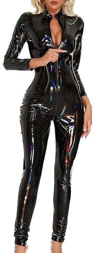 Maeau Lackleder Jumpsuit Damen Einteiler Latex Catsuit Stretch Wetlook Bodysuit Enge Frontreißverschluss Lederoverall Glänzendes Pu Kurz Rock Nachtclub Sexy Playsuit mit Strümpfe M von Maeau