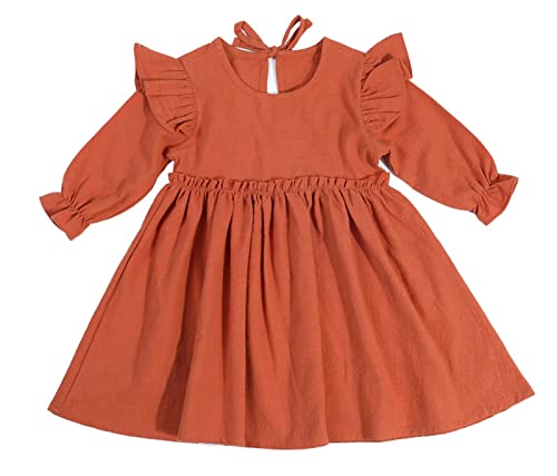 Maeau Langarmkleid Baby Mädchen Kleid Baumwolle Kleinkind Kleid Langarm Rüschen Kinder Rundhals Kleid Midi A Linie Kinderkleider Kleider Freizeit Einfarbig Kurz Herbst Frühling Karamell 5 6 Jahre 120 von Maeau