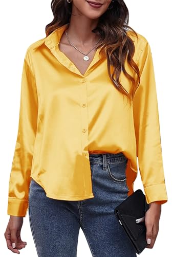 Maeau Langarmshirt Damen Satin Seide Hemdbluse Stehtkragen Business Langarmbluse Klassische Knopf Seidenhemd Locker V-Ausschnitt Arbeitsbluse Elegant Einfarbig Damenbluse XL von Maeau