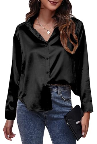 Maeau Langarmshirt Damen Satin Seide Hemdbluse Stehtkragen Business Langarmbluse Klassische Knopf Seidenhemd Locker V-Ausschnitt Arbeitsbluse Elegant Einfarbig Damenbluse XL von Maeau