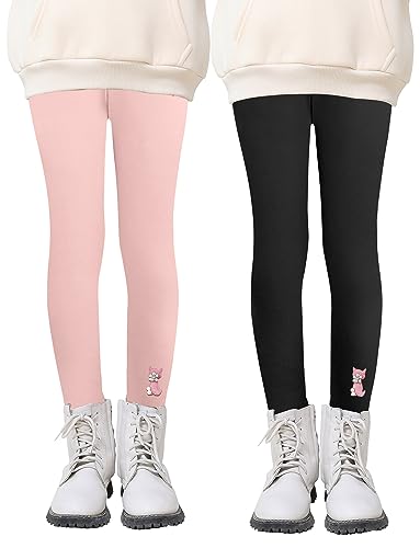 Maeau Leggings Gefüttert Mädchen 4 Jahre 110 Winter Dicke Thermo Leggings Fleece Lange Warme Hosen Kinder Mädchen Katze Schwarz Thermohose Baumwolle Einfarbig Rosa Thermoleggins für Mädchen Herbst von Maeau