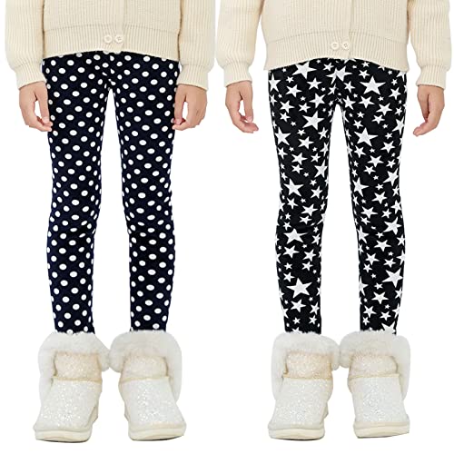 Maeau Leggings Gefüttert Mädchen Winter Dicke Thermo Leggings Fleece Lange Warme Hosen Kinder Mädchen Thermohose Baumwolle Bedruckte Thermoleggins Herbst Schwarz Marineblau 5 Jahre 120 Sterne Punkte von Maeau