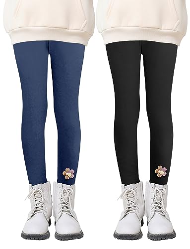 Maeau Leggings Gefüttert für Mädchen 7 8 Jahre 140 Winter Dicke Thermo Leggings Fleece Lange Warme Hosen Blume Kinder Schwarz Thermohose Baumwolle Einfarbig Marineblau Thermoleggins Herbst Kleinkind von Maeau