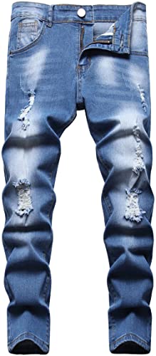 Maeau Lochjeans Kinder Jungen Denim Hose Teenager Destroyed Jeans Hosen Schlank Gerade Jogginghose Klassische Workwear Jeans Stretch Y2K Jeanshosen Ripped Distressed Kinderhose 8 Jahre von Maeau