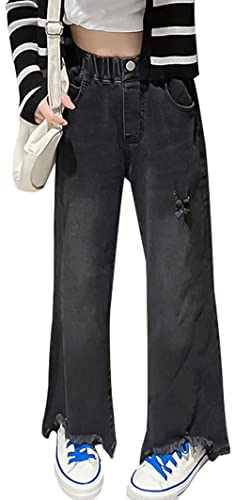 Maeau Löchern Baggy Jeans Mädchen Wide Leg Straight Lockere Jeanshose High Waist Lang Lochjeans Stretch Schwarz Zerrissene Jeans Summer Lässige Elegant Hosen Destroyed Jeans - 146/152 von Maeau