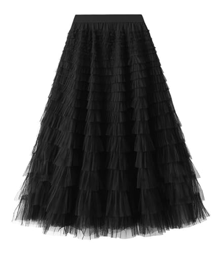 Maeau Mädchen Faltenrock Leicht Sommer Plisseerock Lang Kinder Rock Freizeit Volant Midi 7 8 Jahre Langer Rock Hohe Elastische Taille Tüll Stufenrock Rüschen Plissee Tellerrock Party Maxi Schwarz von Maeau