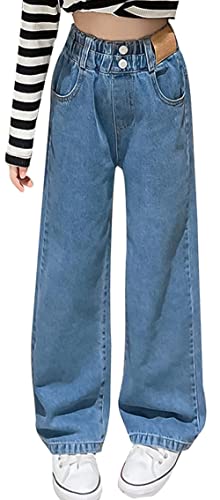 Maeau Mädchen Lässige Jeans Wide Leg Lockere Arbeitshose Knopf Baggy Jeans Straight Lang Jeans High Waist Stretch Jeanshose- 158/164 von Maeau