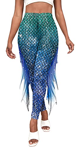 Maeau - Mermaid Leggings Meerjungfrau Fisch Schuppen Strumpfhose Enge schmale figurbetonte Leggings Hohe Taille Skinny Pants für Karneval Kostüm Rollenspiel Party Alltag Halloween von Maeau