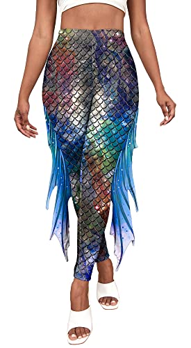 Maeau - Mermaid Leggings Meerjungfrau Fisch Schuppen Strumpfhose Enge schmale figurbetonte Leggings Hohe Taille Skinny Pants für Karneval Kostüm Rollenspiel Party Alltag Halloween von Maeau