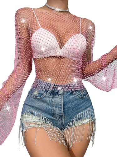 Maeau Netzoberteil Damen Pailletten Netzhemd Sparkle Strasssteine Netzshirt Kristall Mesh Glänzende Club Wear Ärmellose Langarm Netzweste Durchsichtiges Sheer Netz Top S von Maeau